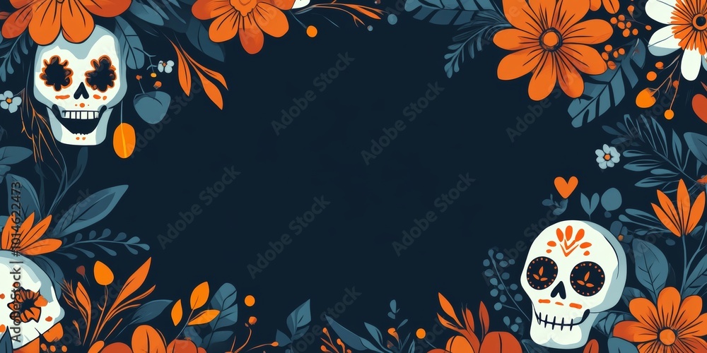 Vibrant Day of the Dead themed floral frame featuring decorative skulls and bright flowers on a dark background. Vibrant Day of the Dead themed floral frame featuring decorative skulls and bright flowers on a dark background.