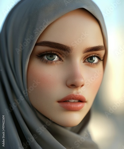 Young woman in a gray hijab with striking blue eyes at sunset