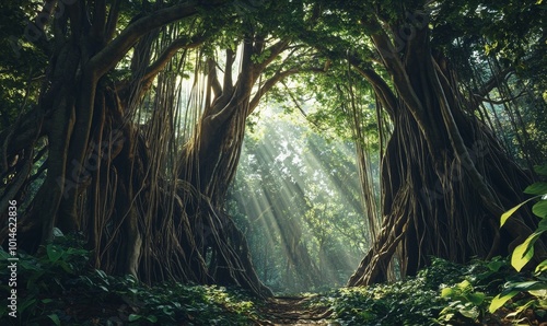 Fototapeta Naklejka Na Ścianę i Meble -  Sunlight streams through dense jungle canopy.