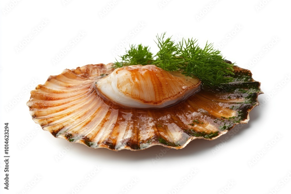 Raw scallop on white background - generative ai Raw scallop on white background - generative ai