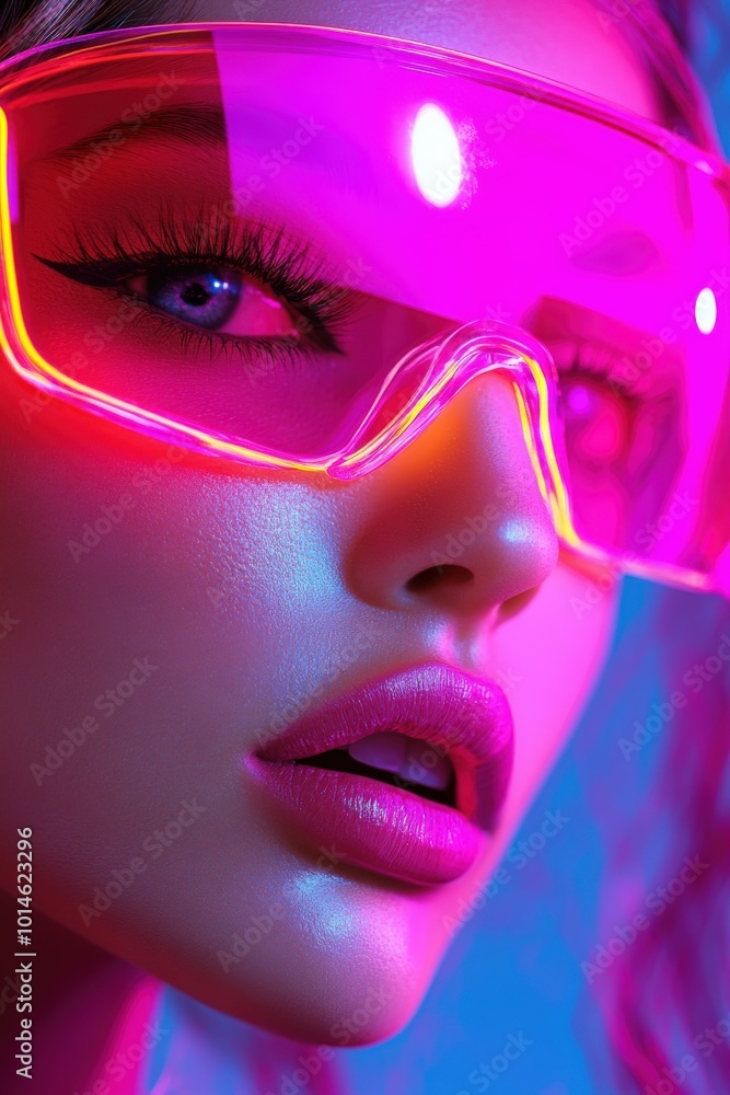 A close-up of a model wearing neon sunglasses in a vaporwave aesthetic A close-up of a model wearing neon sunglasses in a vaporwave aesthetic