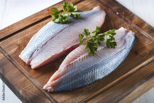 A photo of two raw fish fillets placed on a wooden cutting board