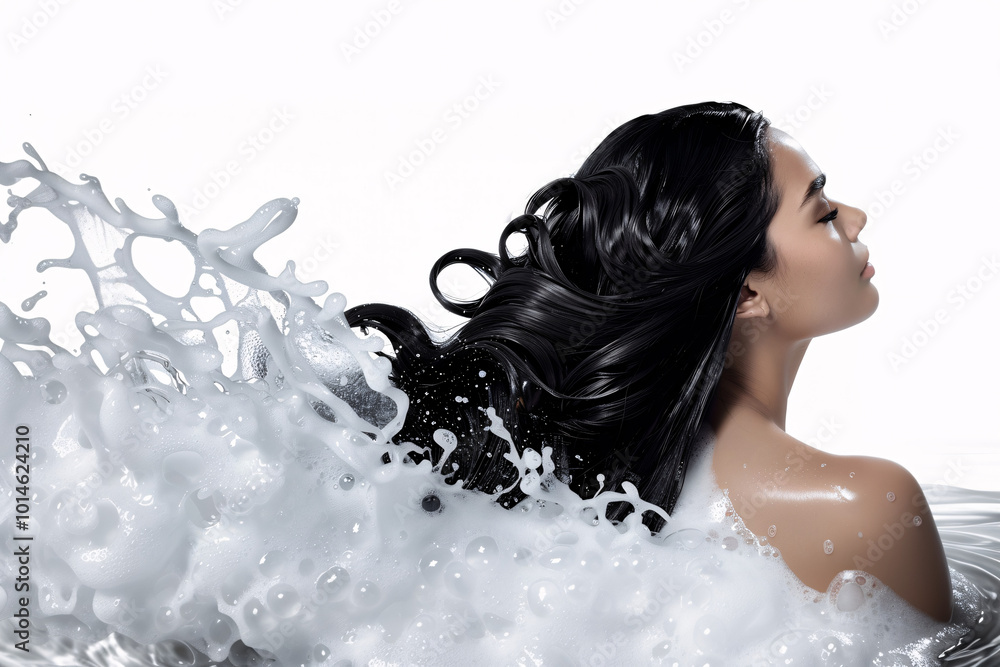 Elegant Woman Relaxing with perfectly smooth skin, her long, foamy black hair spilling over the sides. Isolated on a white background, ideal for professional shampoo promotions. Elegant Woman Relaxing with perfectly smooth skin, her long, foamy black hair spilling over the sides. Isolated on a white background, ideal for professional shampoo promotions.