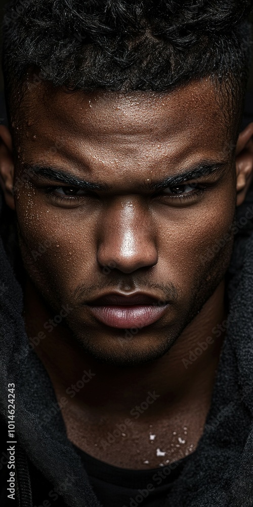 Athletic handsome man with intense expression in dark setting at dawn Athletic handsome man with intense expression in dark setting at dawn