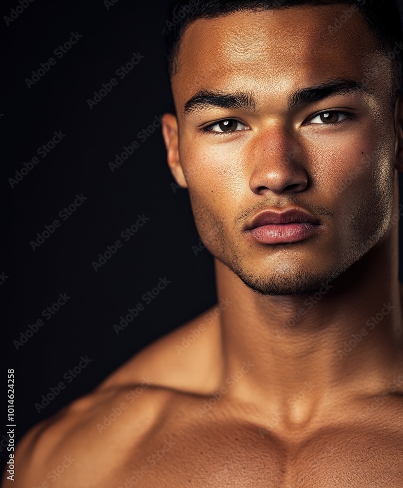 Athletic man poses confidently in a dramatic lighting setup indoors Athletic man poses confidently in a dramatic lighting setup indoors