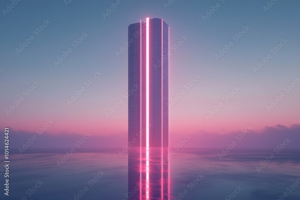 Neon skyscraper standing alone in a minimalistic scene with a lot of empty space. Neon skyscraper standing alone in a minimalistic scene with a lot of empty space.