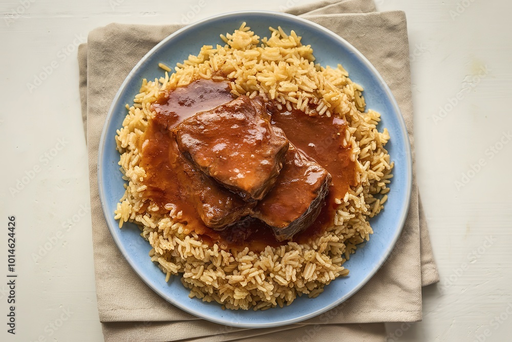 A plate of pilaf with meat in sauce A plate of pilaf with meat in sauce