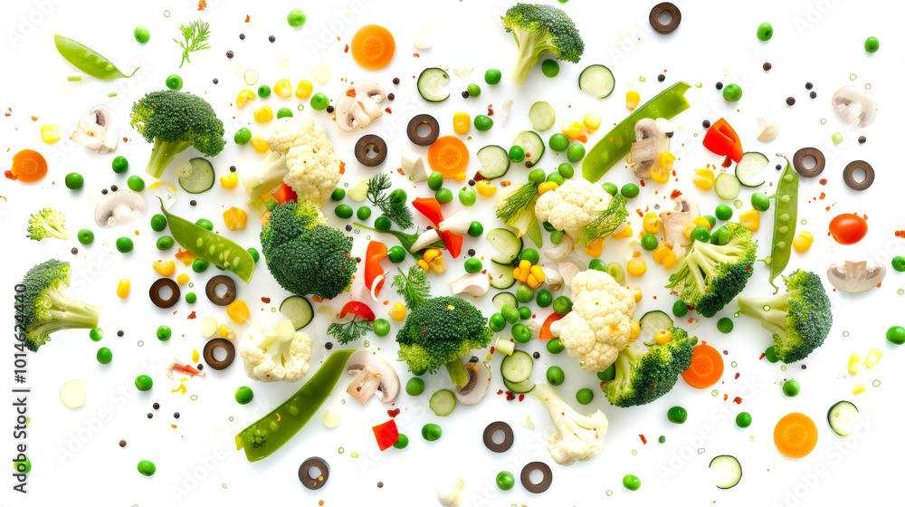 Slices of colorful delicious and healthy vegetables are scattered on a white background, including broccoli, carrots, olives, cauliflower and green peas. The concept of abundance Slices of colorful delicious and healthy vegetables are scattered on a white background, including broccoli, carrots, olives, cauliflower and green peas. The concept of abundance