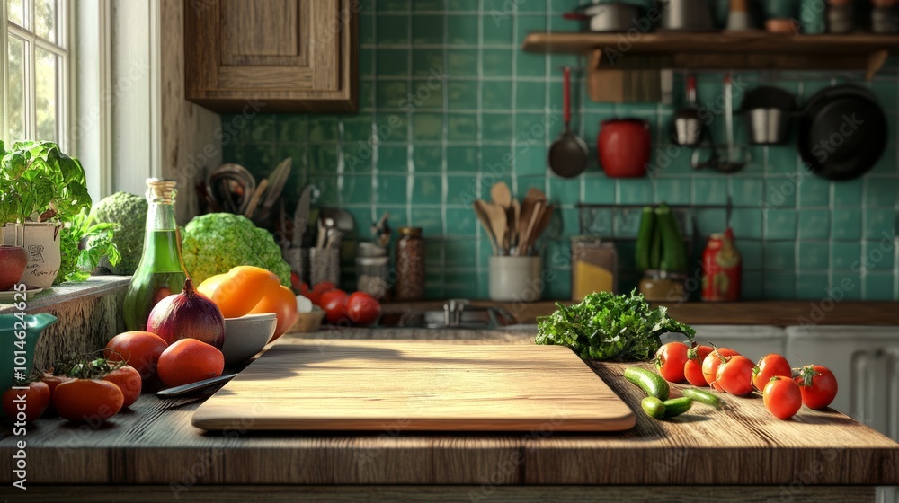 A charming kitchen scene showcasing an empty wooden board, enhanced by colorful vegetables and fresh fruits, with an assortment of kitchen utensils adding character in the background. A charming kitchen scene showcasing an empty wooden board, enhanced by colorful vegetables and fresh fruits, with an assortment of kitchen utensils adding character in the background.