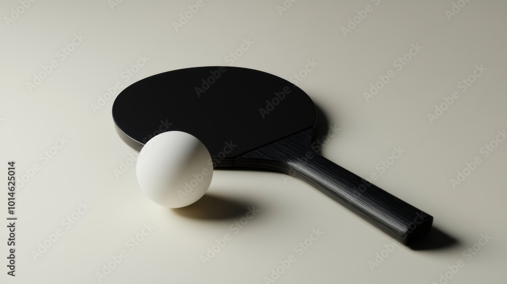 Minimalist Ping Pong Set, sleek paddle and ball on a simple backdrop, embodying modern design and elegance in sports equipment