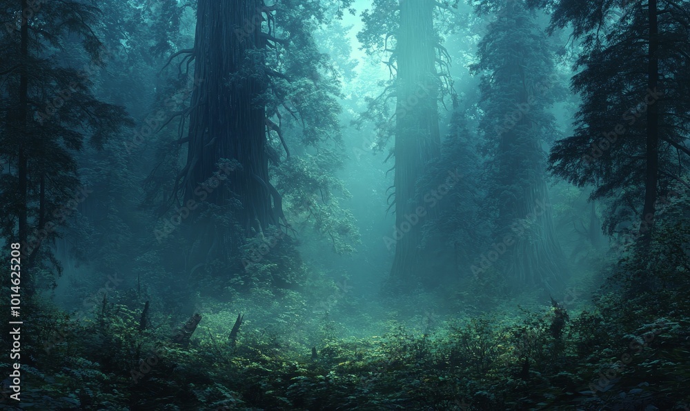 Obraz premium Misty forest with towering trees.