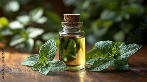 Glass bottle of peppermint oil with fresh green leaves