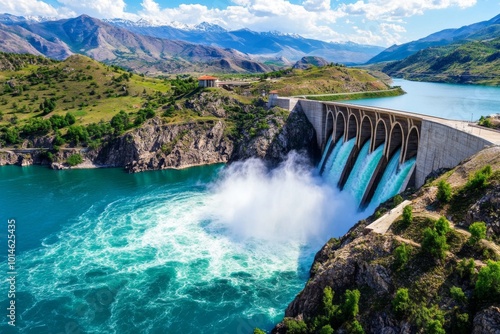 Modern dam cascading water, surrounded by lush greenery and dramatic mountains, reflecting a harmonious blend of nature and engineering, under a bright blue sky.