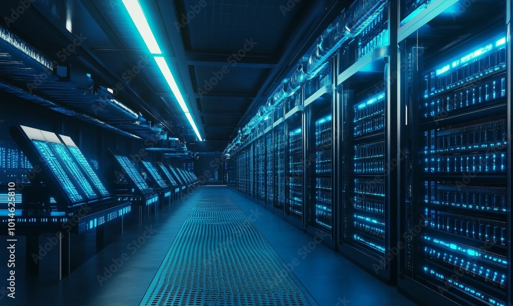 Obraz premium Servers in a data center with blue lights.