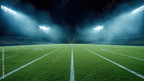 Football Field Under Stadium Lights with Foggy Atmosphere at Night, AI