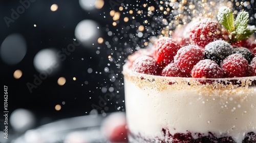 A luscious dessert crowned with fresh berries and a sprinkle of sugar, is captured with a dark elegant backdrop, showcasing its style and delight in modern food photography.