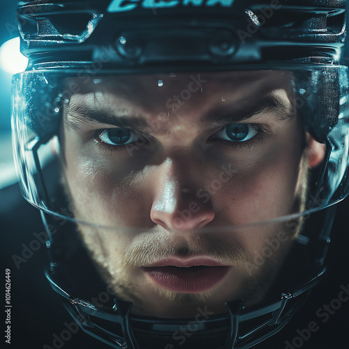 Focused Ice Hockey Player Wearing Helmet During Game photo