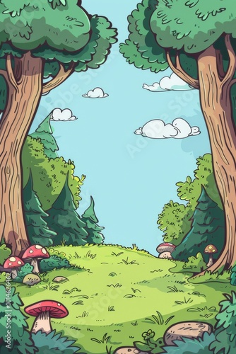 A whimsical cartoon forest scene featuring tall trees, vibrant mushrooms, and a clear blue sky, perfect for children's illustrations and fantasy themes. photo