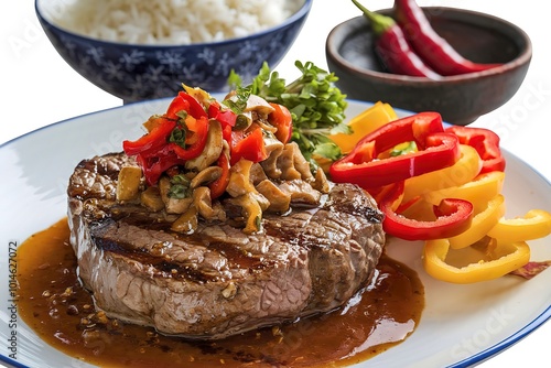 A sumptuously plated dish with a well-grilled steak in the center, topped with a rich sauce