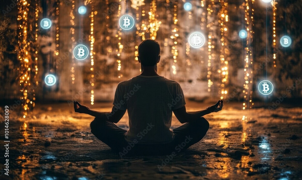 Silhouetted man meditating with bitcoin symbols. Silhouetted man meditating with bitcoin symbols.