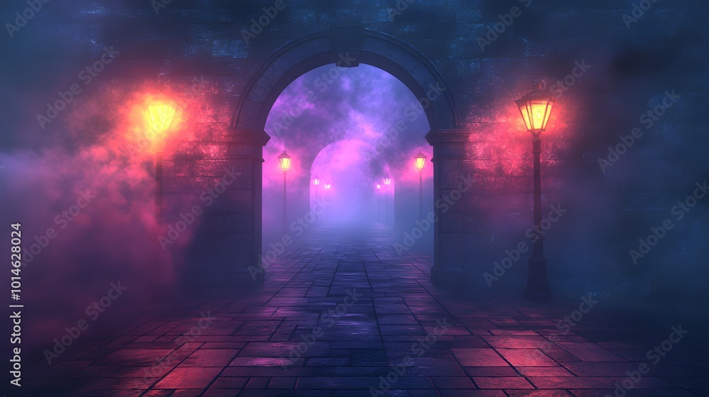 Mysterious Foggy Night Scene with Streetlights and Stone Archway - Perfect for Fantasy or Horror Backgrounds. Mysterious Foggy Night Scene with Streetlights and Stone Archway - Perfect for Fantasy or Horror Backgrounds.