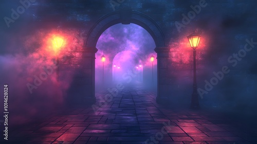 Mysterious Foggy Night Scene with Streetlights and Stone Archway - Perfect for Fantasy or Horror Backgrounds.