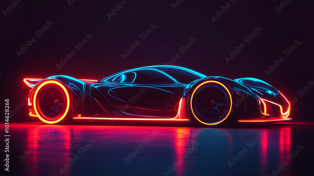 Vector illustration of an abstract futuristic neon-glowing concept car silhouette. Vector illustration of an abstract futuristic neon-glowing concept car silhouette.