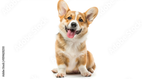 Happy Welsh Corgi puppy, dog winking, panting and sitting isolated on white