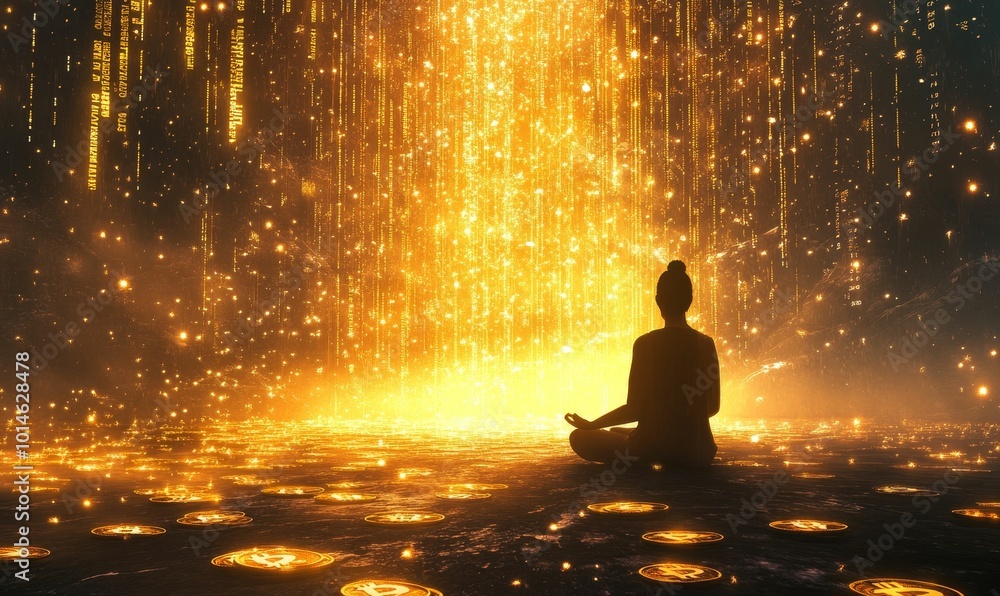 Silhouetted figure meditates on bitcoins in golden light. Silhouetted figure meditates on bitcoins in golden light.