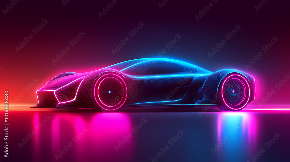 Vector illustration of an abstract futuristic neon-glowing concept car silhouette. Vector illustration of an abstract futuristic neon-glowing concept car silhouette.