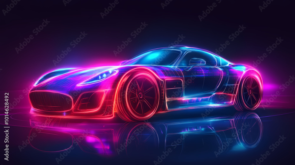 Vector illustration of an abstract futuristic neon-glowing concept car silhouette. Vector illustration of an abstract futuristic neon-glowing concept car silhouette.