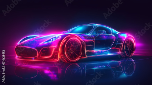 Vector illustration of an abstract futuristic neon-glowing concept car silhouette.