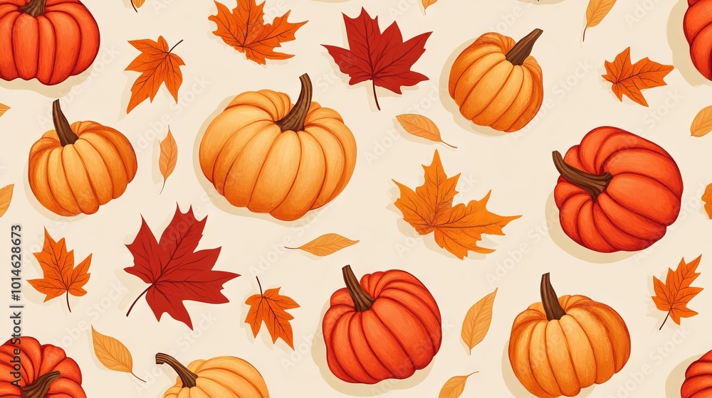A pattern of pumpkins and leaves is shown in a variety of sizes A pattern of pumpkins and leaves is shown in a variety of sizes