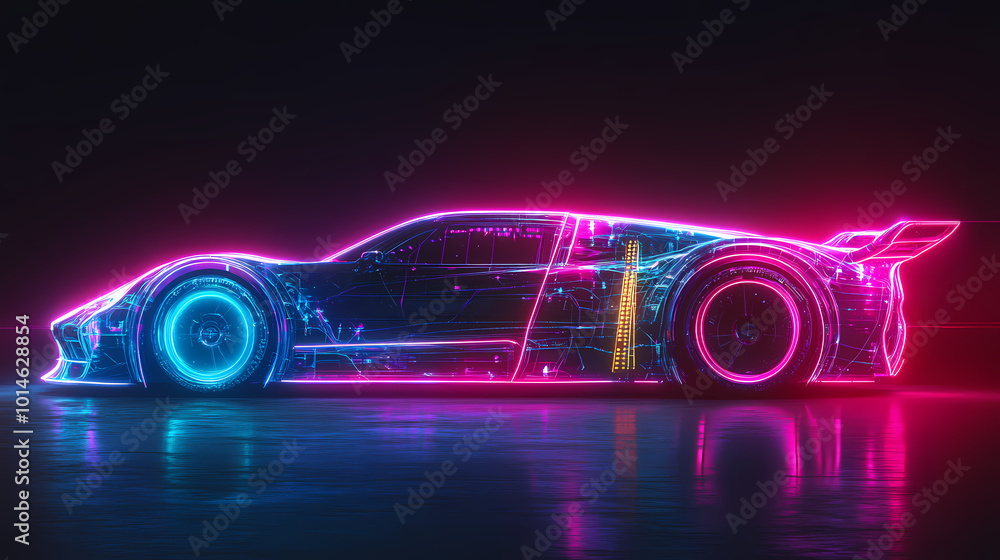 Vector illustration of an abstract futuristic neon-glowing concept car silhouette. Vector illustration of an abstract futuristic neon-glowing concept car silhouette.