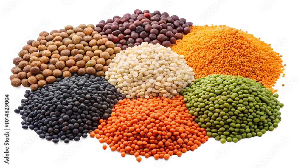 Close-up of dry lentils in various colors on transparent PNG Close-up of dry lentils in various colors on transparent PNG