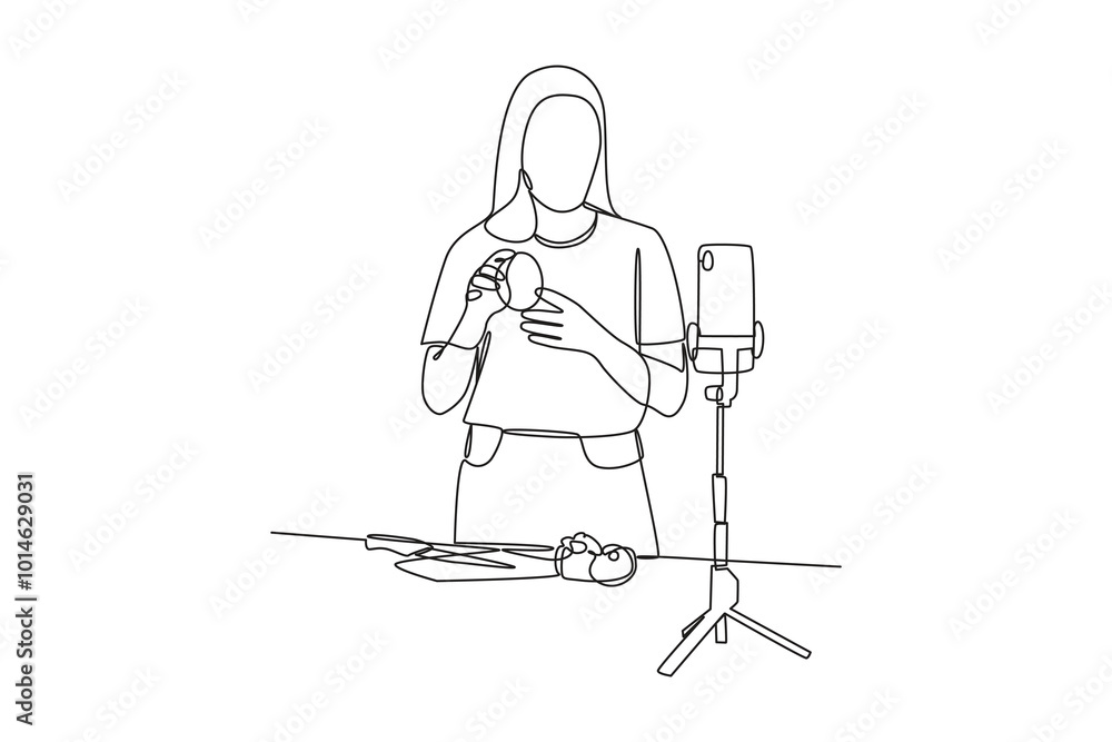 Obraz premium simple continuous line drawing of a woman is promoting her merchandise. Food vlogger minimalist concept. Food, people, simple line.