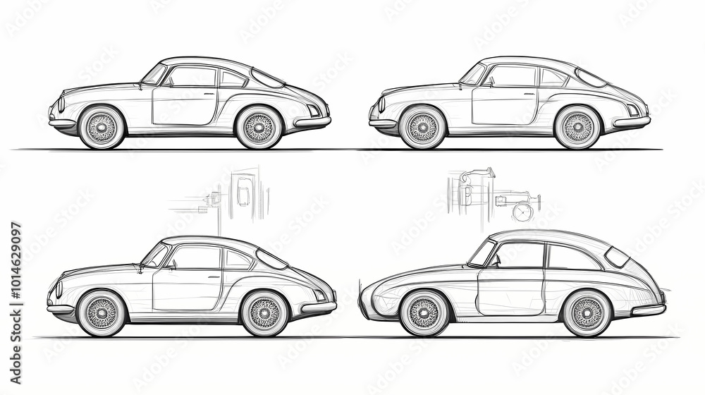 car thin line drawing different view set car thin line drawing different view set