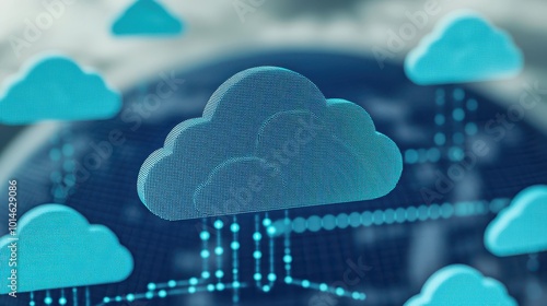 A digital illustration of stylized clouds representing cloud computing, with binary data symbols and a globe in the background, signifying technology and connectivity.