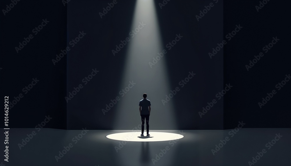 Conceptual illustration of a person standing alone under a spotlight on an empty dark stage in minimalist vector art
Conceptual illustration of a person standing alone under a spotlight on an empty dark stage in minimalist vector art