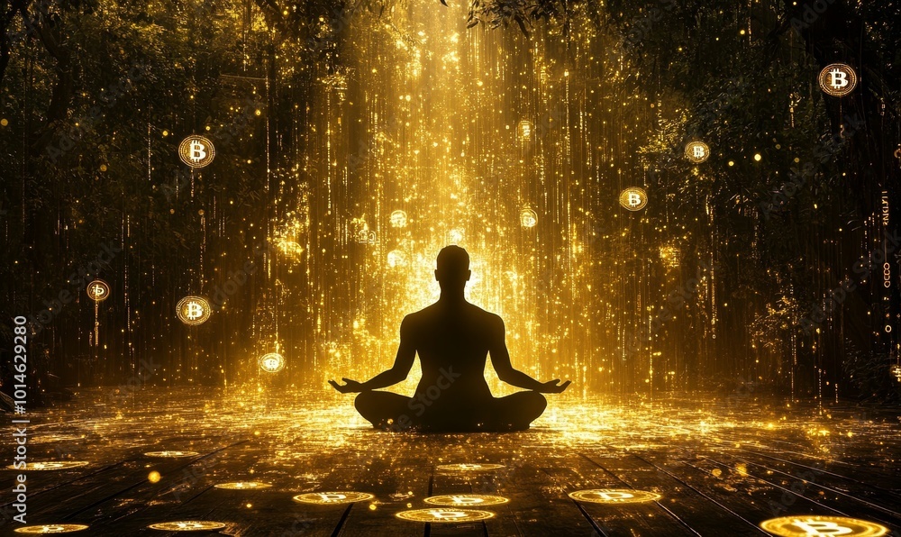 Silhouette meditating in golden bitcoin rain. Silhouette meditating in golden bitcoin rain.