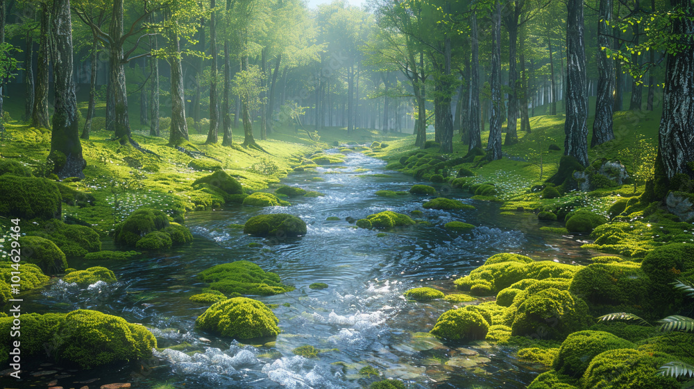 Fototapeta premium Cold stream in the forest close-up