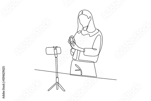 simple continuous line drawing of a food vlogger is filming in front of the camera. Food vlogger minimalist concept. Food, people, simple line.