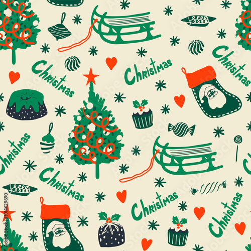 Christmas tree, stocking, cakes, sweets, tree ornaments, sleigh and other holiday elements fun seamless pattern. Cute holiday season pattern for paper, fabric design.