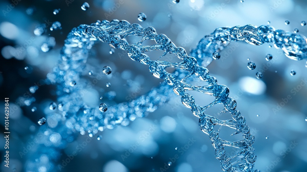 Swirling water droplets create a stunning DNA helix in a soft blue background, embodying hydration and clarity. Swirling water droplets create a stunning DNA helix in a soft blue background, embodying hydration and clarity.
