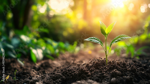 Wallpaper Mural A close-up of a young green plant emerging from rich soil, bathed in warm sunlight, symbolizing growth, nature, and new beginnings.

 Torontodigital.ca