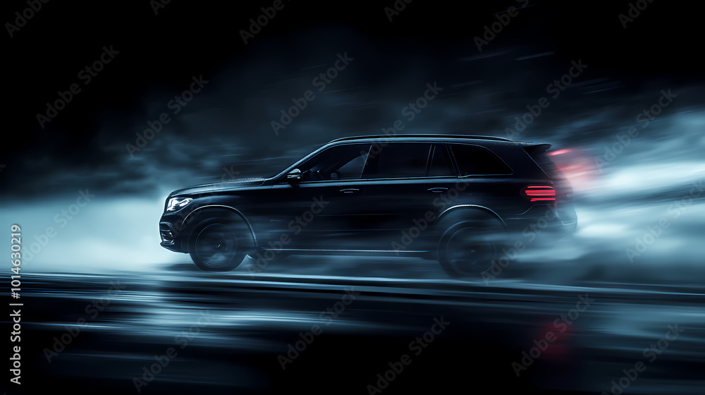 Vector illustration of a fast moving black SUV car with wind lines racing at high speed in a foggy night. Black and white automotive horizontal poster banner design in a luxury style. Vector illustration of a fast moving black SUV car with wind lines racing at high speed in a foggy night. Black and white automotive horizontal poster banner design in a luxury style.