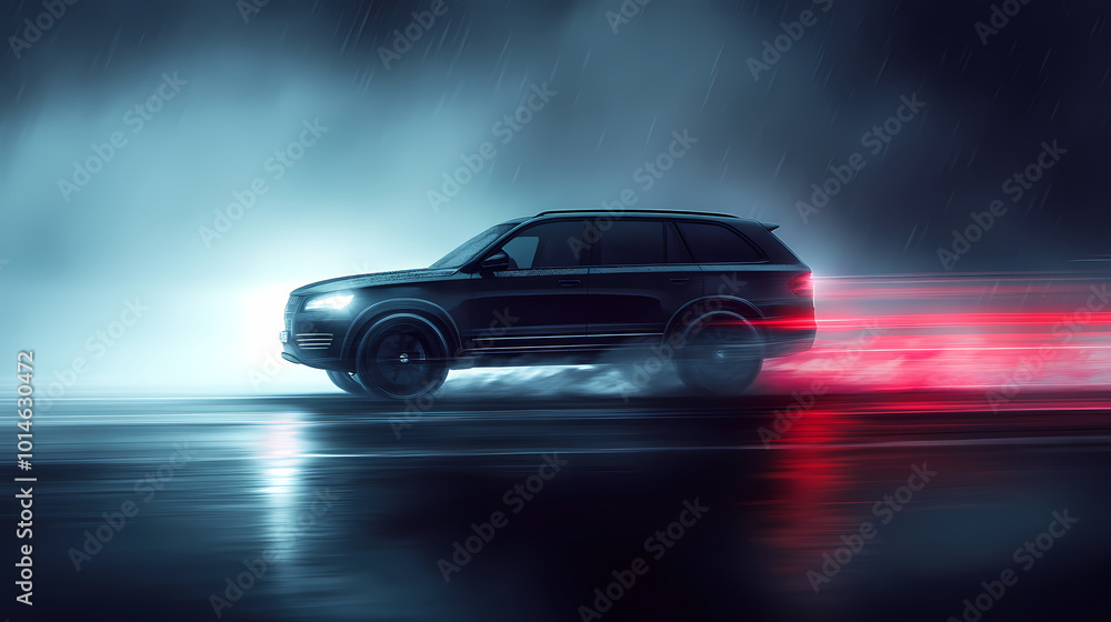 Vector illustration of a fast moving black SUV car with wind lines racing at high speed in a foggy night. Black and white automotive horizontal poster banner design in a luxury style. Vector illustration of a fast moving black SUV car with wind lines racing at high speed in a foggy night. Black and white automotive horizontal poster banner design in a luxury style.