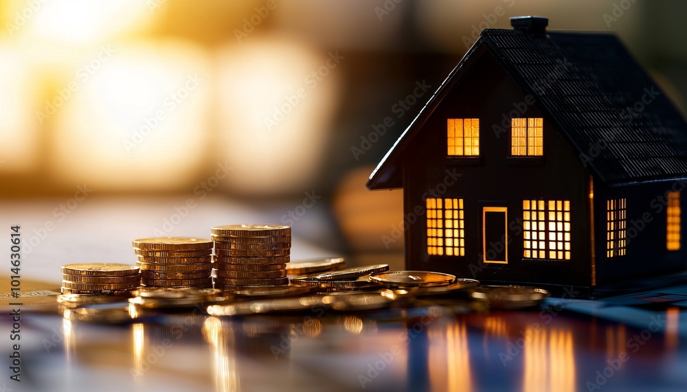 A miniature house model beside stacks of coins, symbolizing savings, investments, and real estate opportunities in a warm light. A miniature house model beside stacks of coins, symbolizing savings, investments, and real estate opportunities in a warm light.