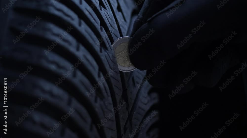 Close-up of the coin in the tire tread. Protector depth check. Close-up of the coin in the tire tread. Protector depth check.