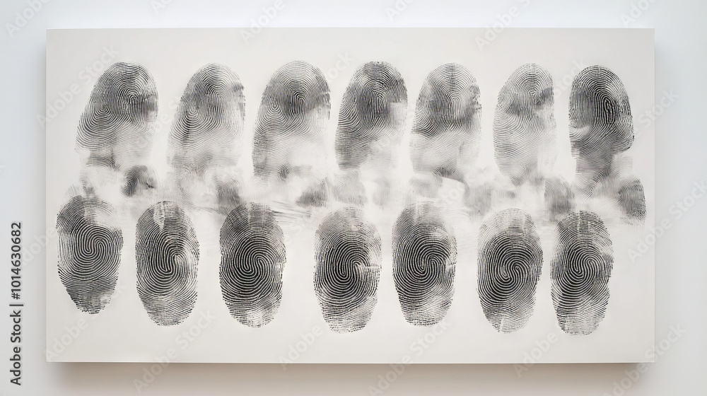 Naklejka premium A set of black ink fingerprints arranged in a row on white paper, symbolizing identity, security, and forensic analysis.